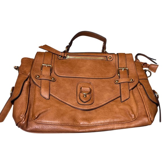 Vintage Style Tan Faux Leather Satchel Bag Plaid Lining Handle Shoulder Strap - Picture 2 of 13
